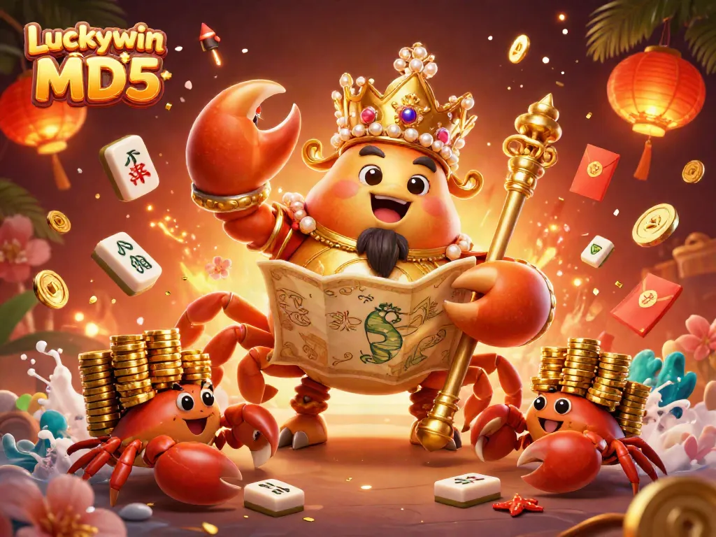Experience the excitement of Luckywin tài xỉu MD5 with this captivating 3D illustration featuring a golden crab emperor and colorful gambling elements.