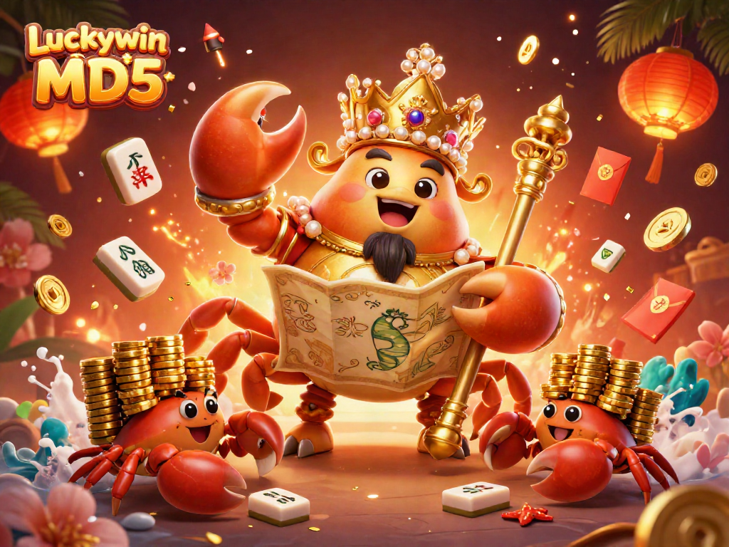 Experience the excitement of Luckywin tài xỉu MD5 with this captivating 3D illustration featuring a golden crab emperor and colorful gambling elements.