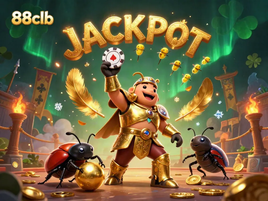 Experience the thrill of 88clb with a dynamic scene featuring a gladiator beetle and jackpot celebrations.