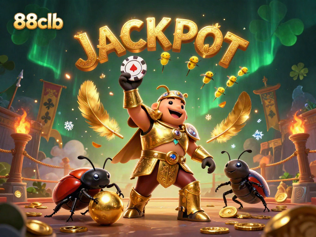 Experience the thrill of 88clb with a dynamic scene featuring a gladiator beetle and jackpot celebrations.