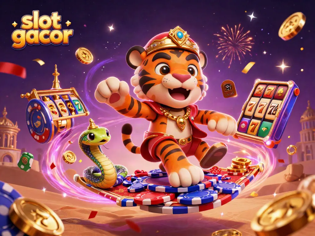Experience intense slot gacor action with a colorful scene of slot reels, lucky 7s, and lively characters.