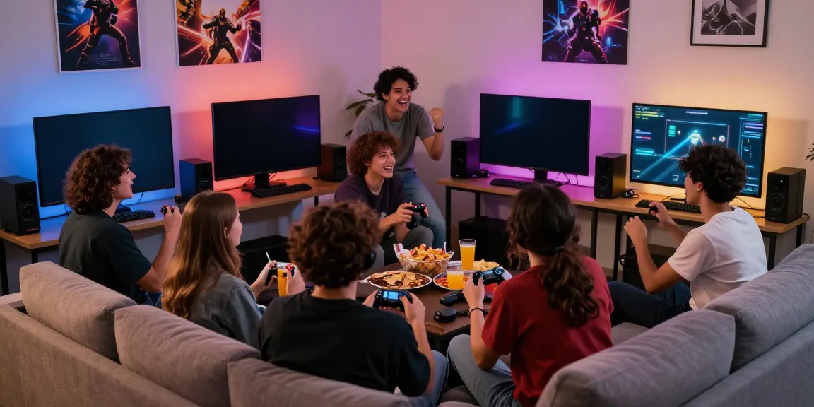 Friends enjoying a gaming session on kilat404, surrounded by snacks and controllers.