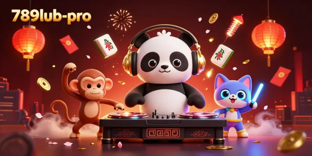 Experience lively gaming with 789lub-pro, featuring a DJ panda and vibrant casino elements in a vibrant scene.