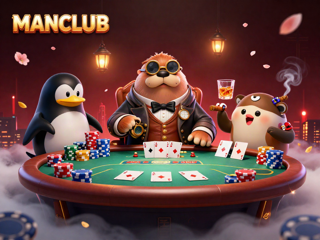 Engage in poker action at MANCLUB with a walrus, penguin dealer, and bluffing pufferfish.