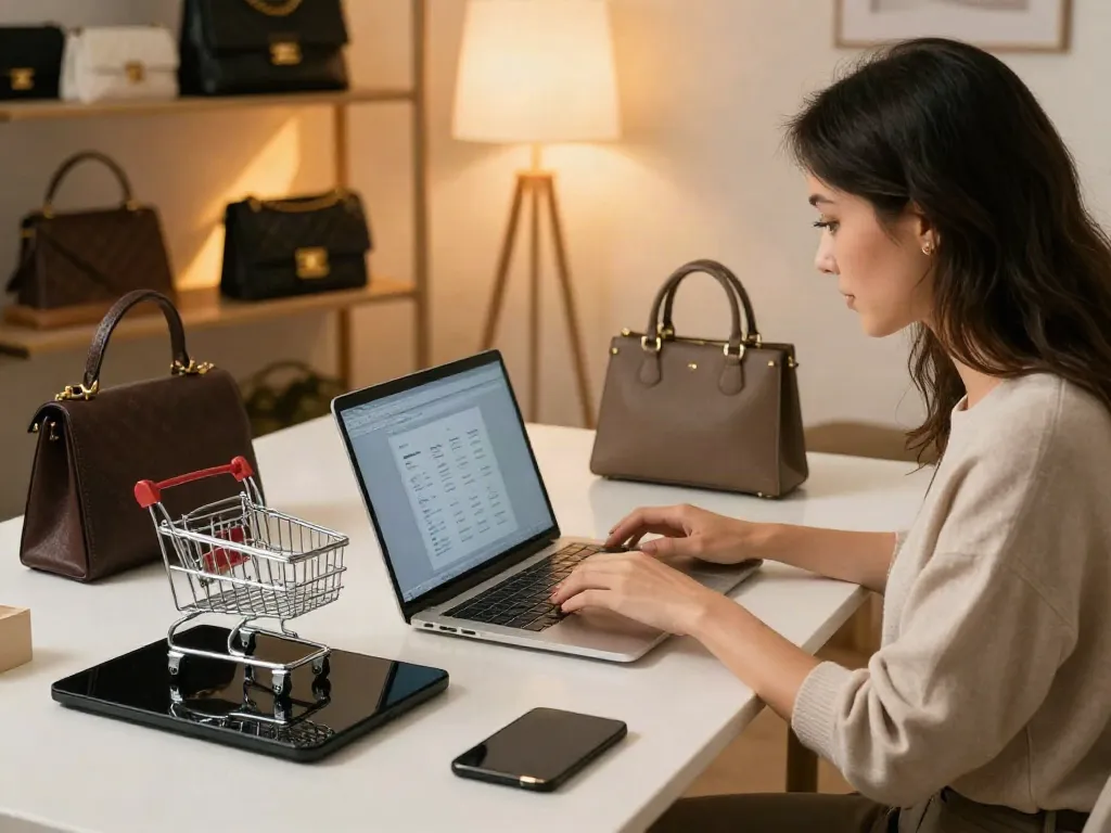 Woman shopping luxury bags online at home, exploring stylish options.