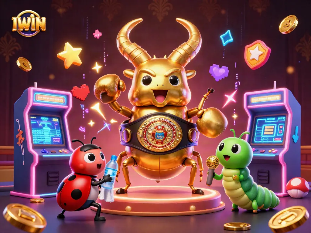 IWIN showcases vibrant casino gameplay with cartoon beetle boxing champion amidst colorful 3D arcade elements.