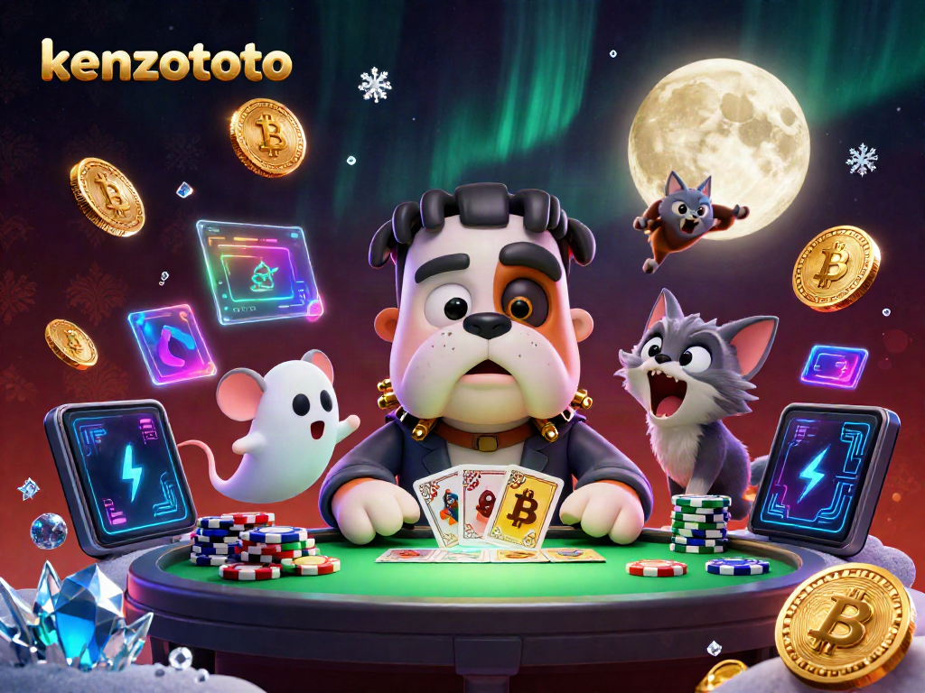 Engage with KENZOTOTO as a cartoon bulldog monster deals cards at a spooky table, showcasing cryptocurrency elements.