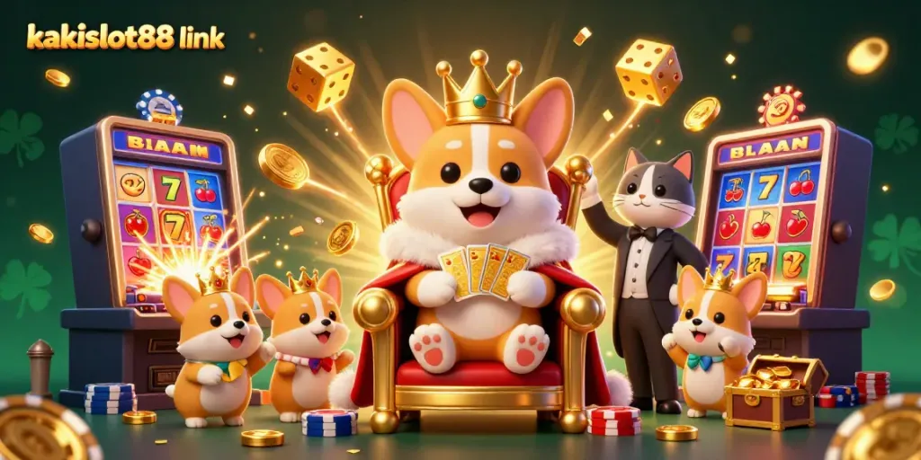 Ilustrasi kasino 3D dengan corgi kerajaan dan mesin slot, mengajak pemain menggunakan kakislot88 link.