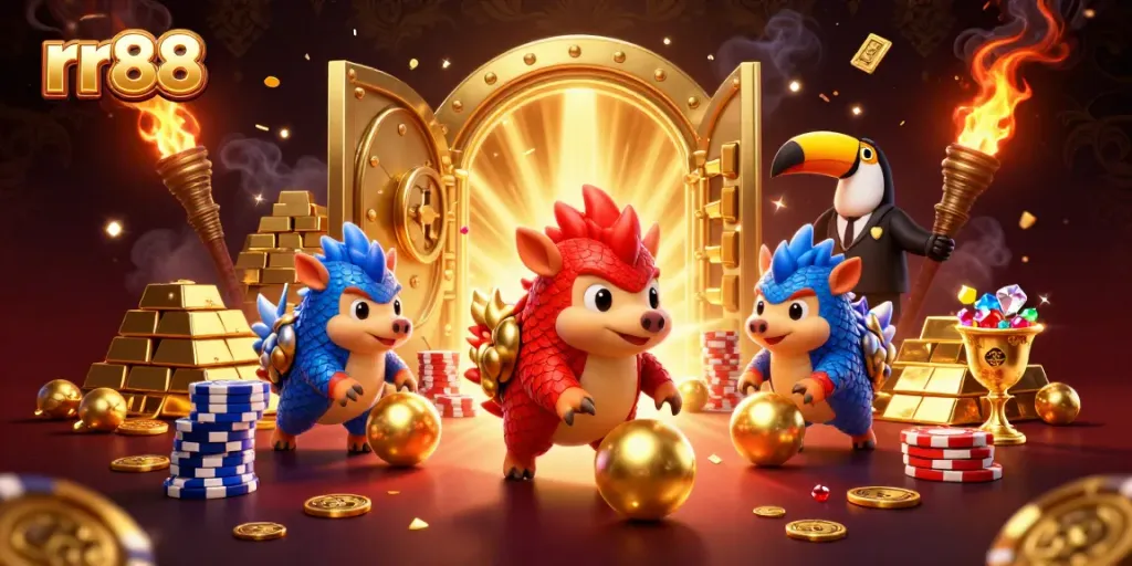 Experience exciting action at rr88 as rival pangolins bowl through poker chips amidst treasures.