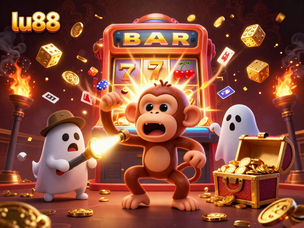 lu88 offers a mesmerizing casino experience with a playful ghost-monkey juggling golden treasures.