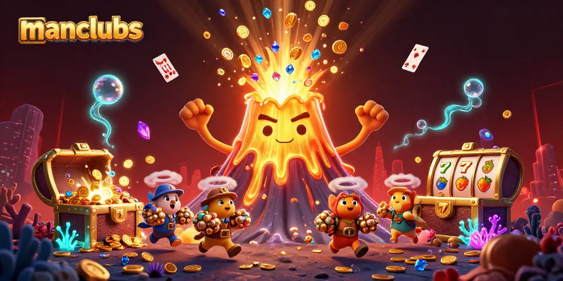Experience fortunes with manclubs as a golden volcano erupts treasures in a lively casino underwater scene.