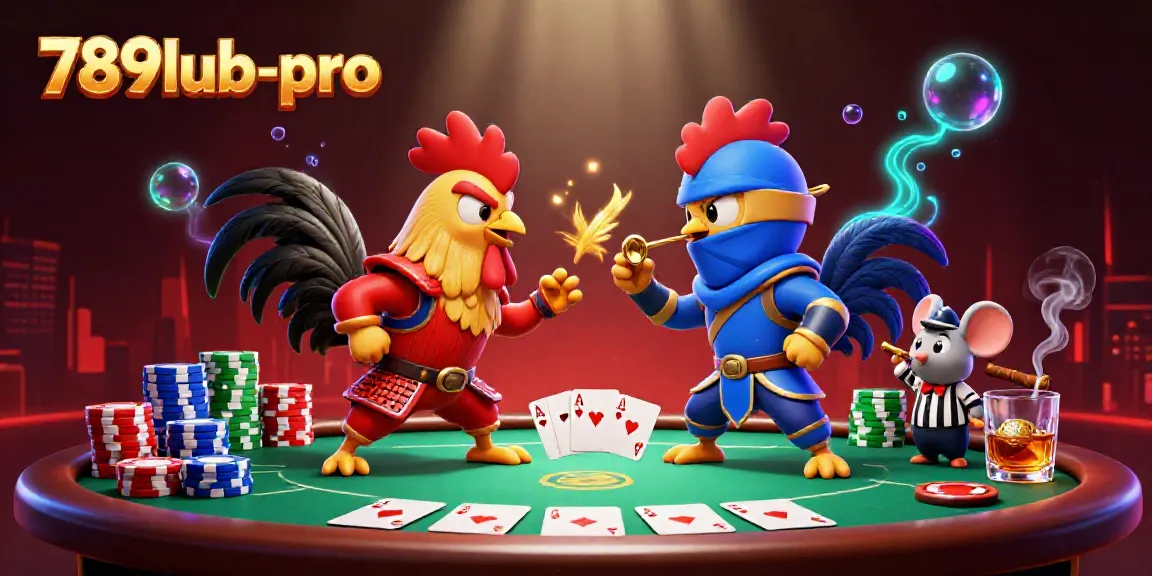 Engage in thrilling gameplay at 789lub-pro with dynamic cartoon roosters and vibrant casino elements.