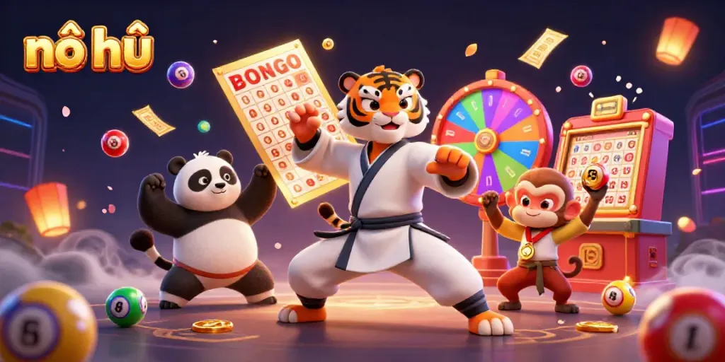 Experience the thrill of nổ hũ with a dynamic 3D scene featuring playful characters and lottery elements.