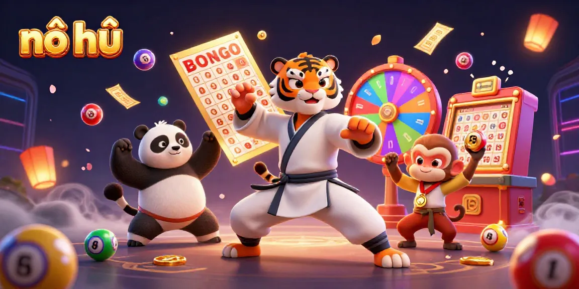 Experience the thrill of nổ hũ with a dynamic 3D scene featuring playful characters and lottery elements.