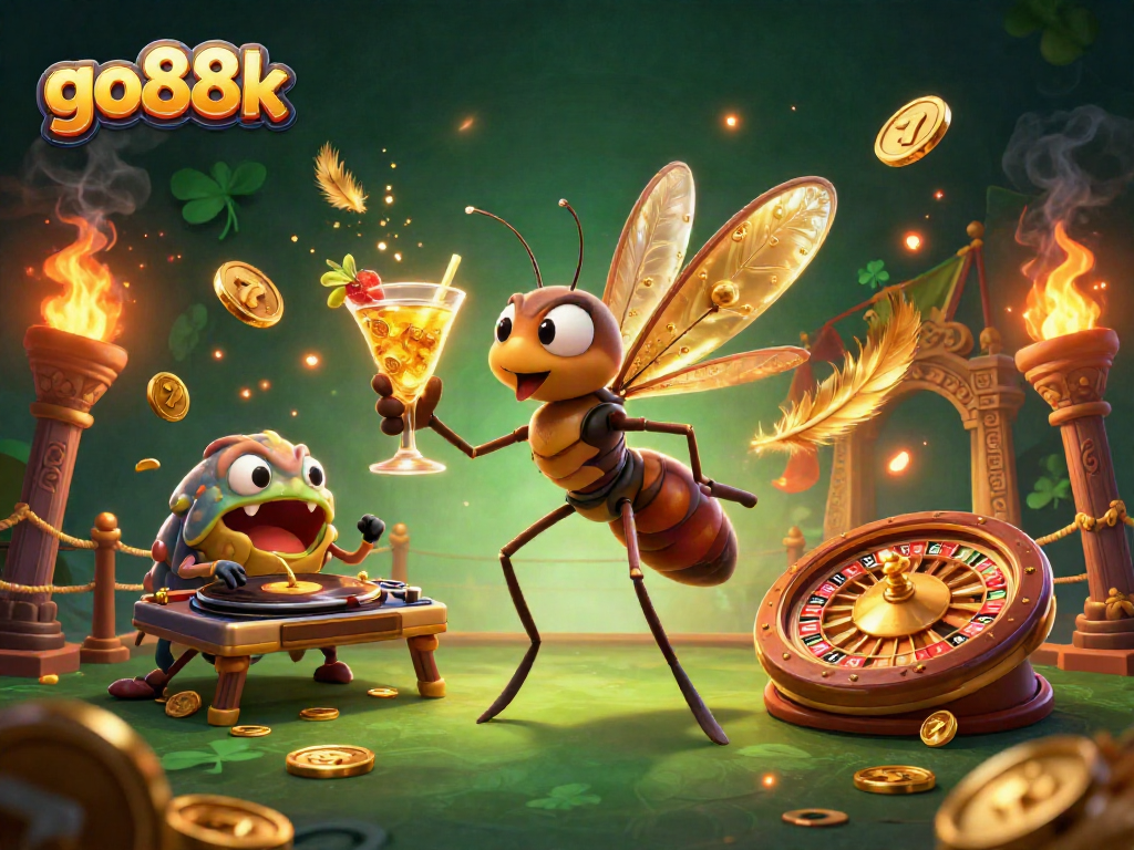 Spin the reels with go88k: A vibrant casino scene featuring an animated mosquito and trilobite DJ.