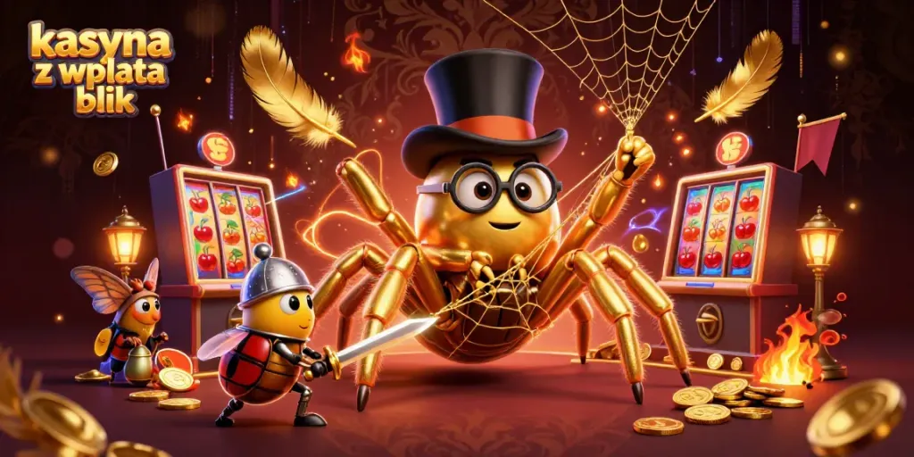 Engage with kasyna z wplata blik through an energetic scene featuring a golden tarantula and a beetle knight at a vibrant casino.