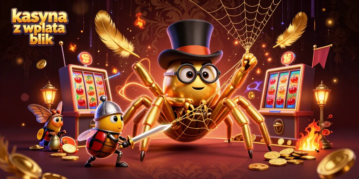 Engage with kasyna z wplata blik through an energetic scene featuring a golden tarantula and a beetle knight at a vibrant casino.