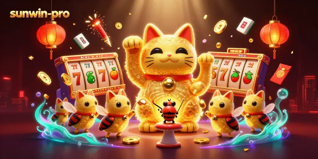Engage with the vibrant sunwin-pro casino world featuring a lucky cat amidst flying slot reels and festive elements.