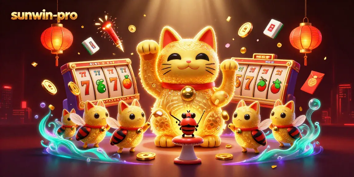 Engage with the vibrant sunwin-pro casino world featuring a lucky cat amidst flying slot reels and festive elements.