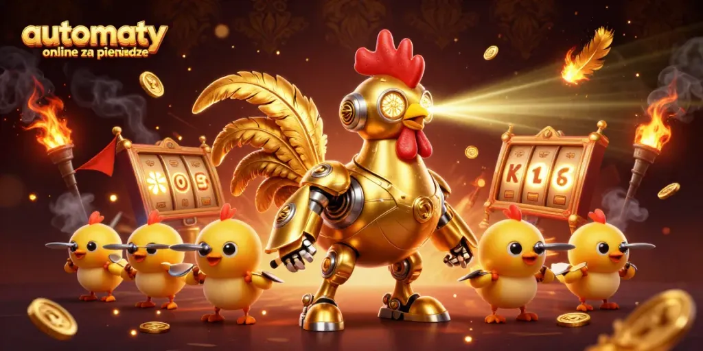 Engage with automaty online za pieniadze featuring golden rooster robot and baby chick drones in a dynamic casino scene.