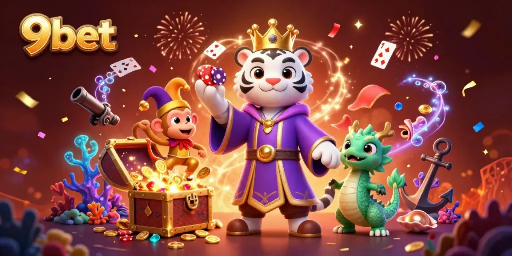 Experience the thrill of 9bet with vibrant characters celebrating amidst gaming elements and treasures.