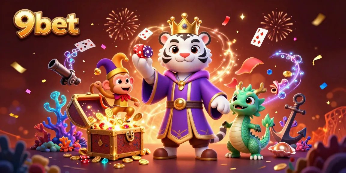 Experience the thrill of 9bet with vibrant characters celebrating amidst gaming elements and treasures.