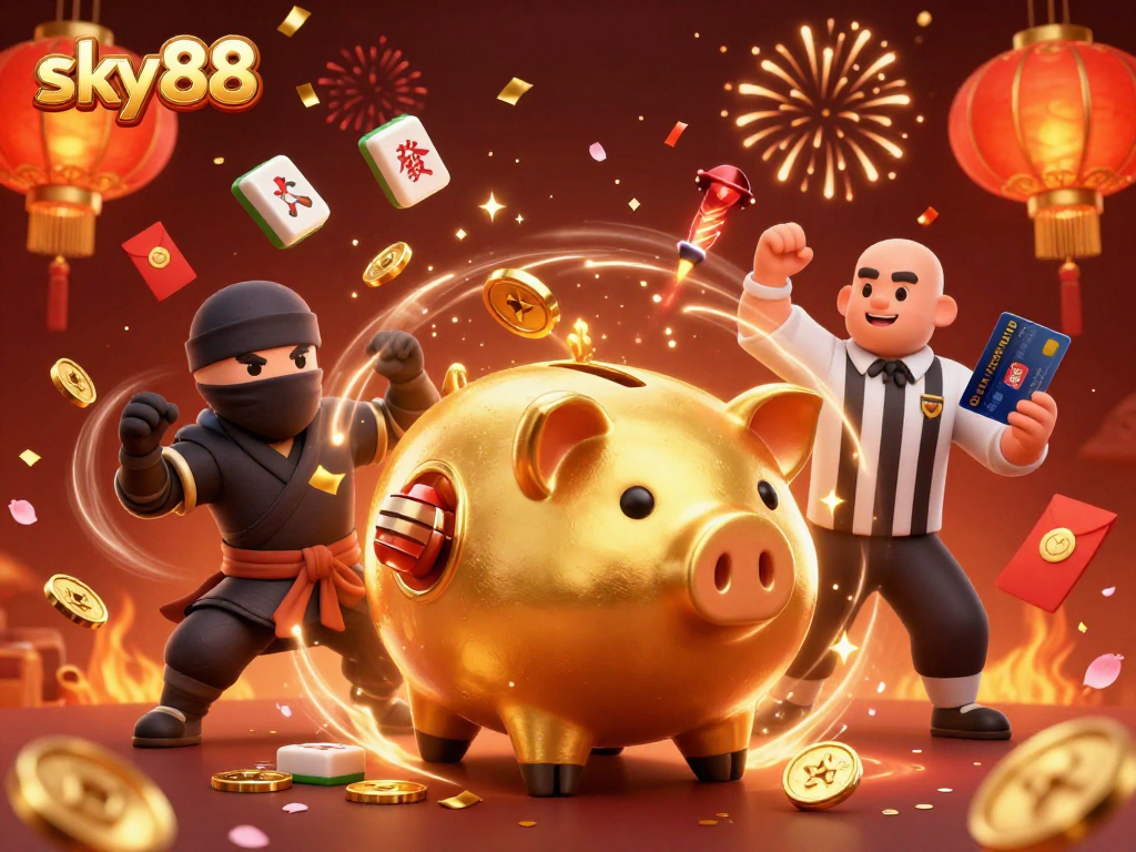 Experience thrilling gameplay at sky88 with vibrant casino characters and celebratory elements.