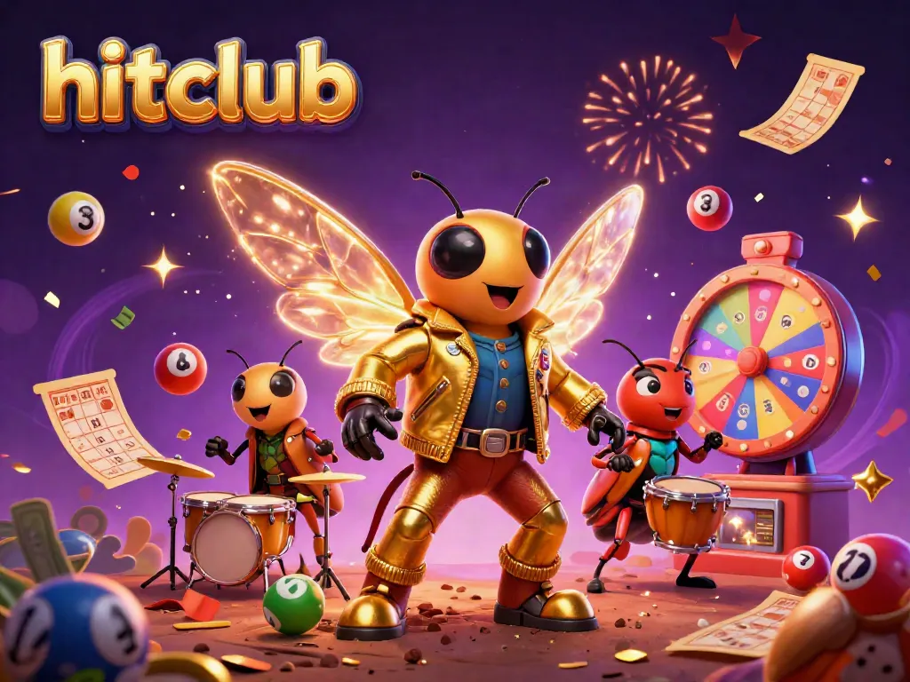 Experience the excitement of hitclub with a dynamic 3D illustration of a rock star cicada and gaming elements.