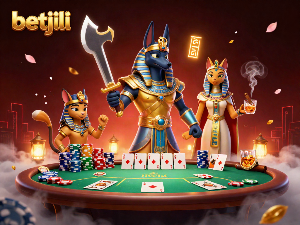 Betjili warriors engage in a thrilling poker match with vibrant game elements and rich atmosphere.