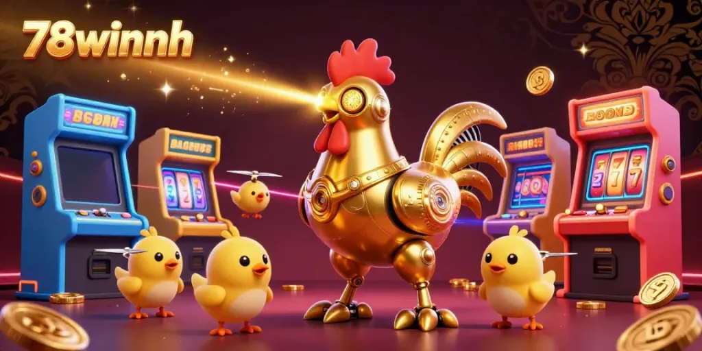 Experience thrilling gaming at 78winnh with a futuristic scene featuring a golden rooster robot and colorful arcade machines.