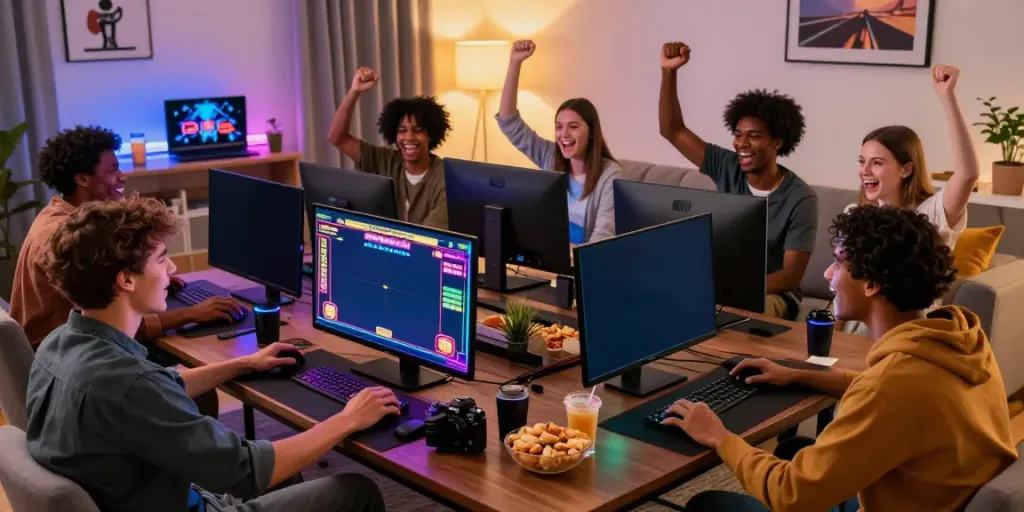 Friends enjoying slot gacor hari ini gaming session in a vibrant living room.