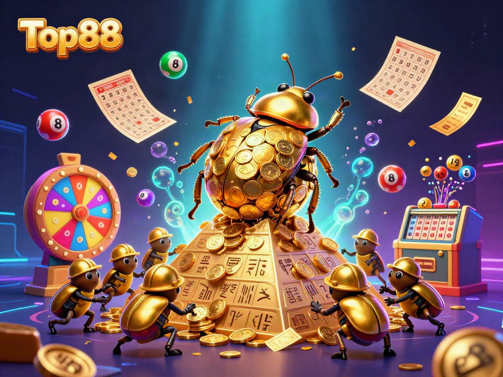 Experience Top88's thrilling casino action with a golden beetle rolling coins and vibrant gaming elements.