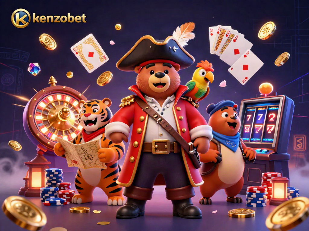 Kenzobet pirates celebrate winnings with coins and gems in a vibrant casino scene.