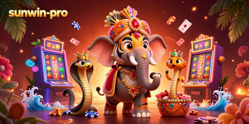 Experience sunwin-pro's vibrant casino scene with a majestic maharaja, elephant, and neon lights.