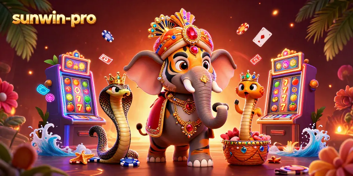 Experience sunwin-pro's vibrant casino scene with a majestic maharaja, elephant, and neon lights.