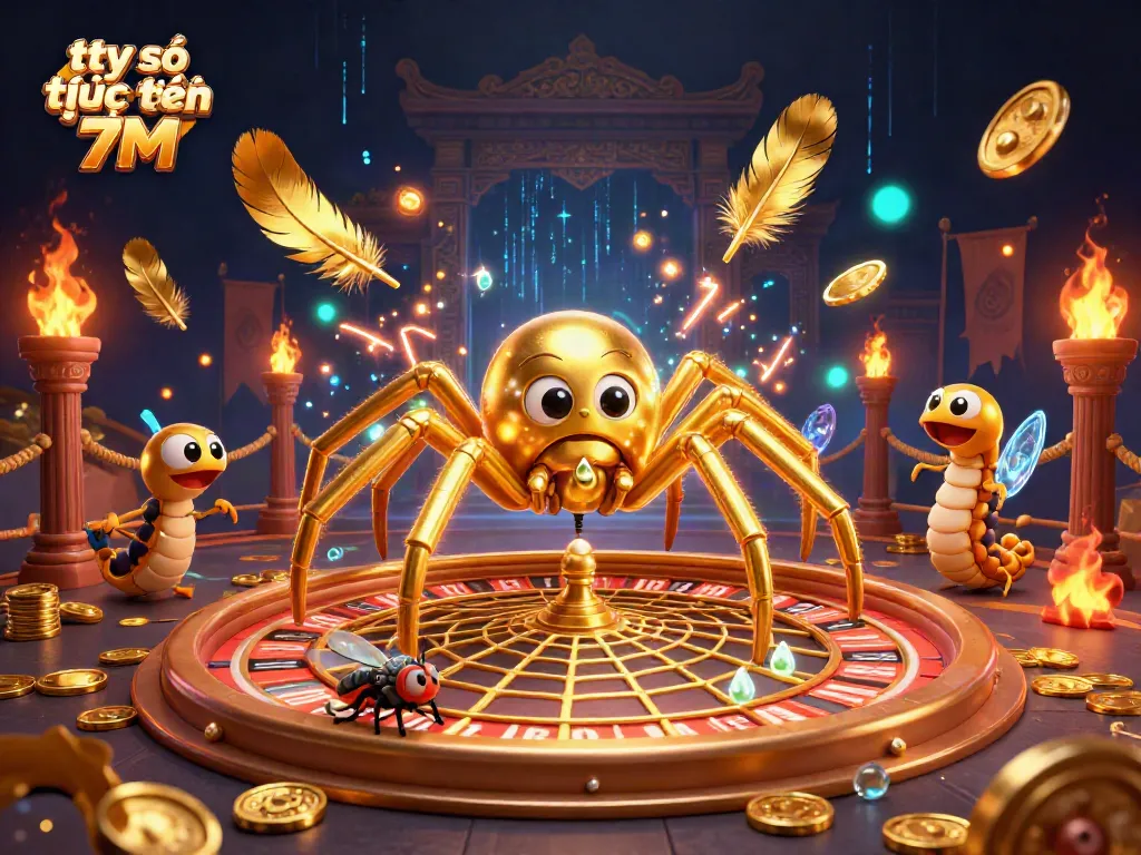 Experience the excitement of tỷ số trực tuyến 7M with vibrant, dynamic casino-themed characters spinning a roulette-inspired web.