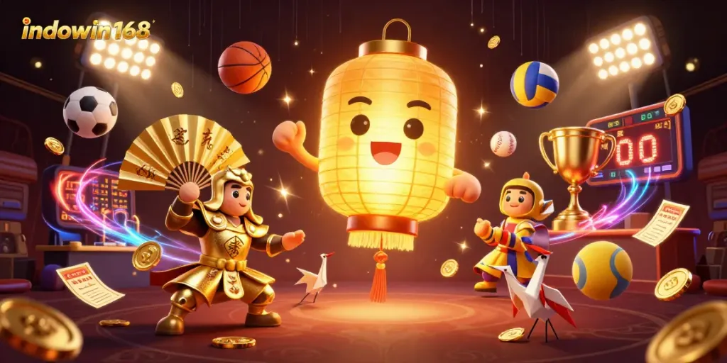 Engage with indowin168's vibrant gaming world featuring dynamic sports and lucky symbols in a rich casino scene.