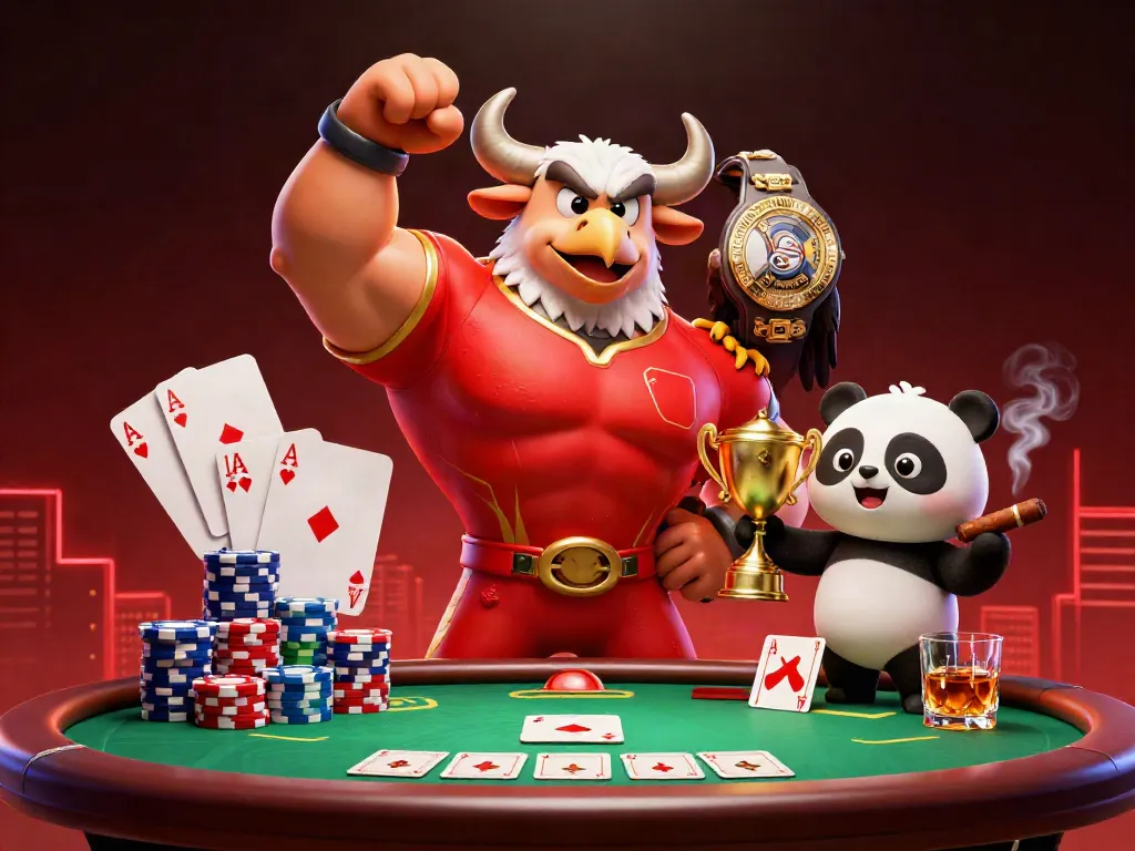 Experience the thrill of iwin casino with a victorious bull, eagle, and panda in a vibrant poker scene.