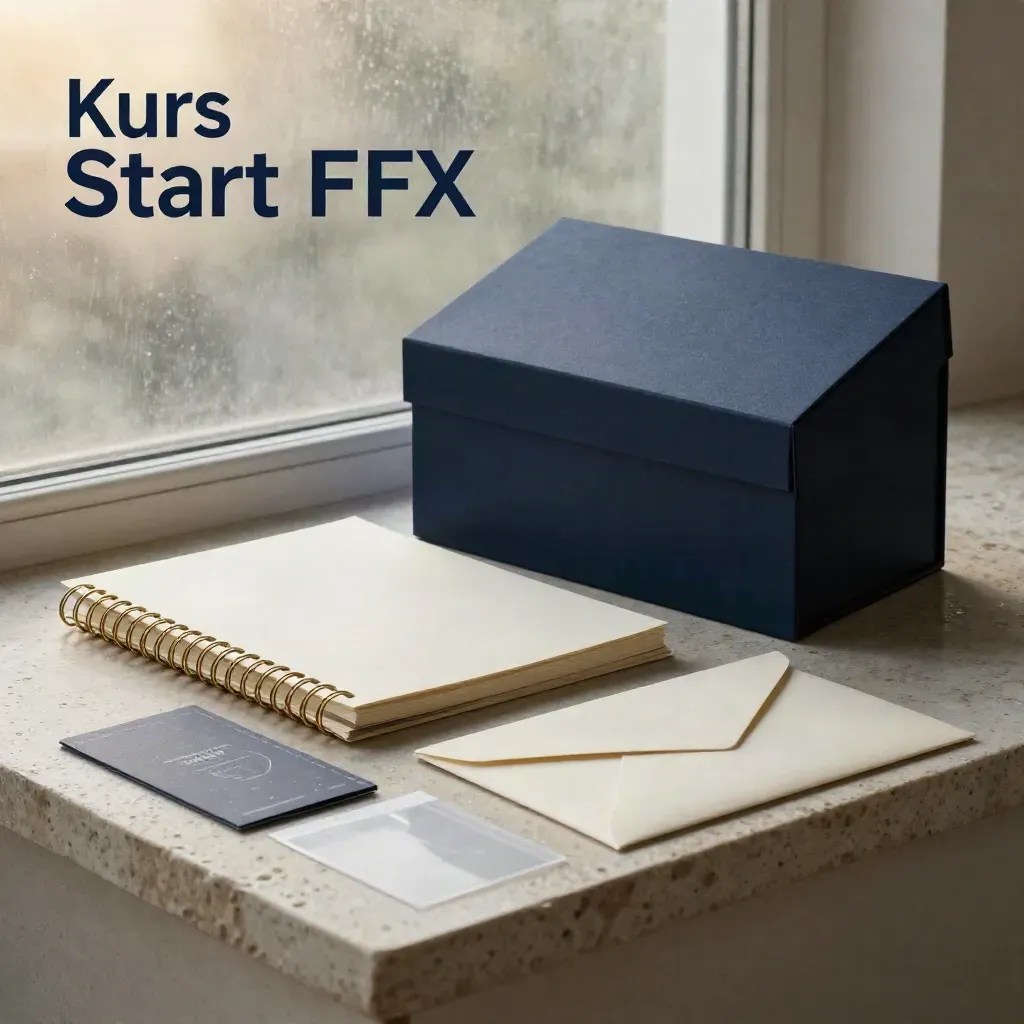 Navy kurs forex z workbookiem, kartami ryzyka i certyfikatem na mokrym kamiennym tle.