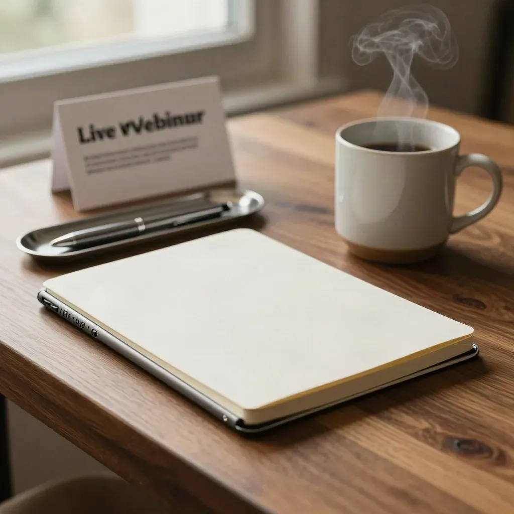 Elegancki zestaw do webinaru: tablet, notes, kubek z parą i srebrna tacka na drewnianym blacie.