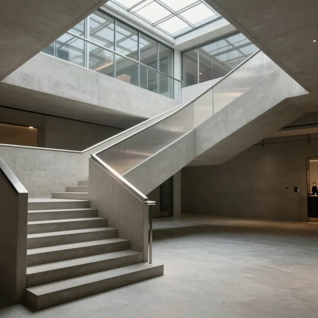 Szklane atrium z betonowymi schodami, srebrnymi poręczami i miękkim światłem z góry.