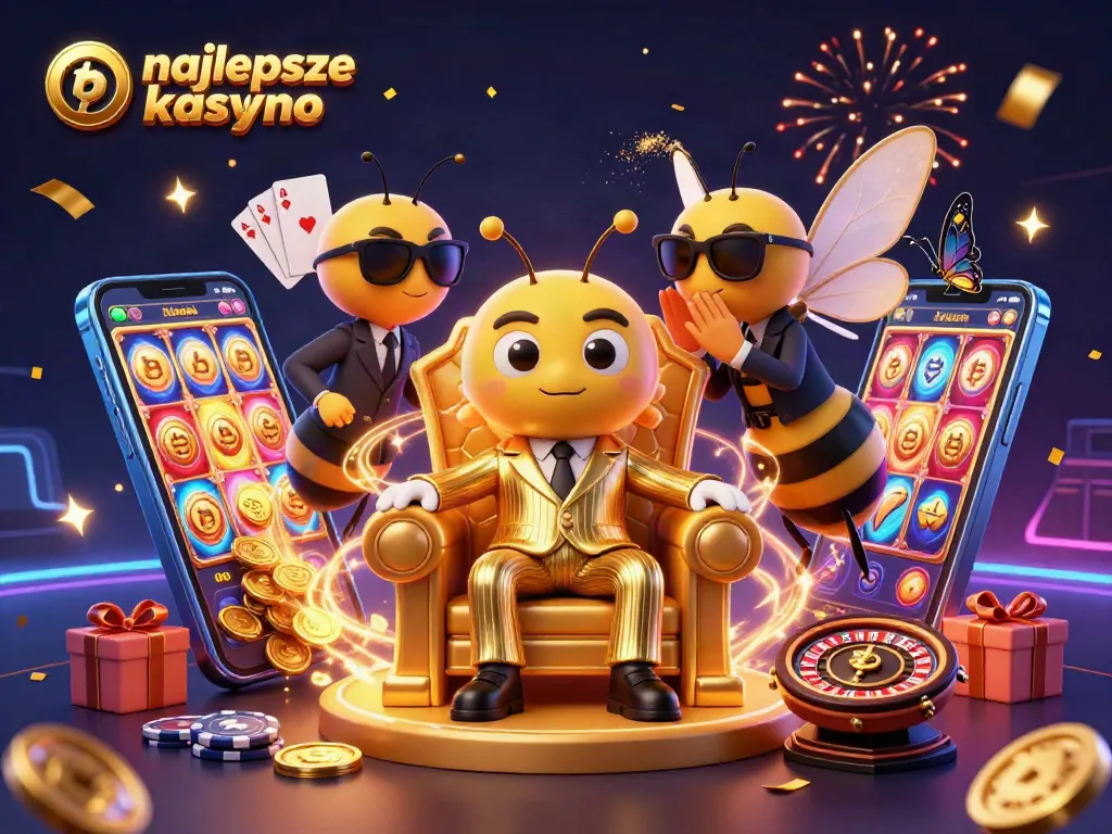 Explore the vibrant gaming scene in this illustration featuring the najlepsze kasyno bitcoin with characters and dynamic casino elements.
