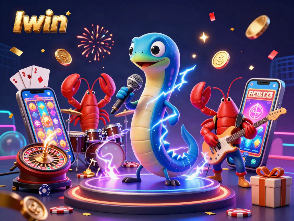 Iwin showcases a vibrant underwater casino scene with a DJ electric eel, lobster drummer, and seahorse guitarist.