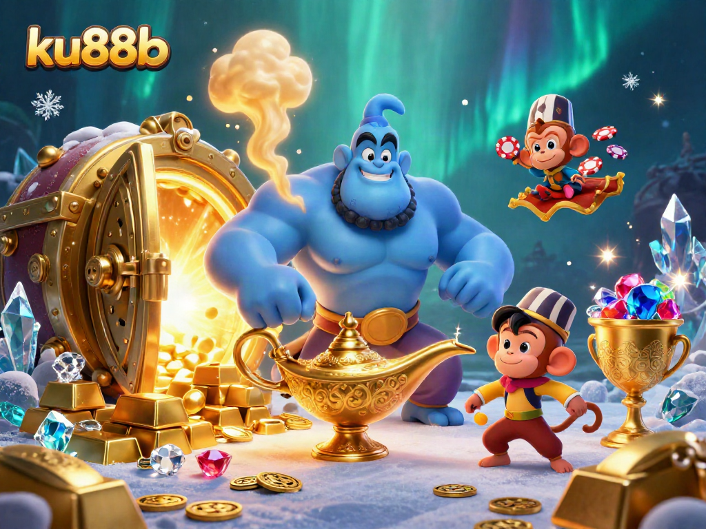 Engage with thrilling games at ku88b, featuring a dynamic genie scene with poker chips and treasure.