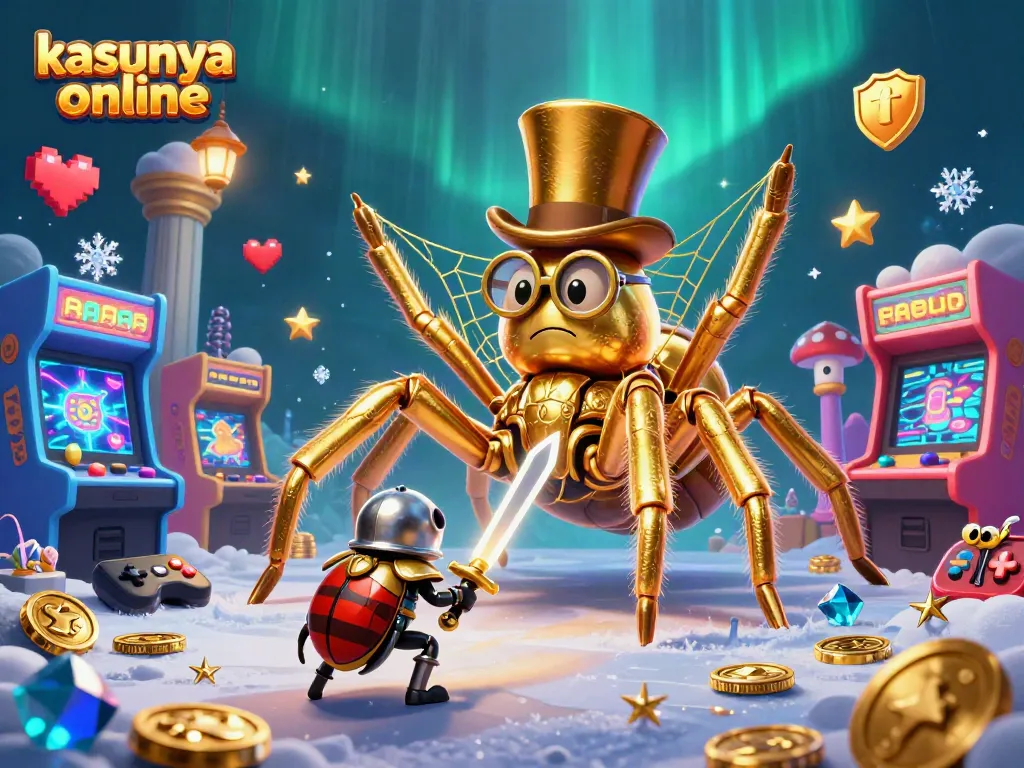 Explore kasyna online with a vibrant 3D scene featuring a golden tarantula and beetle knight in action.