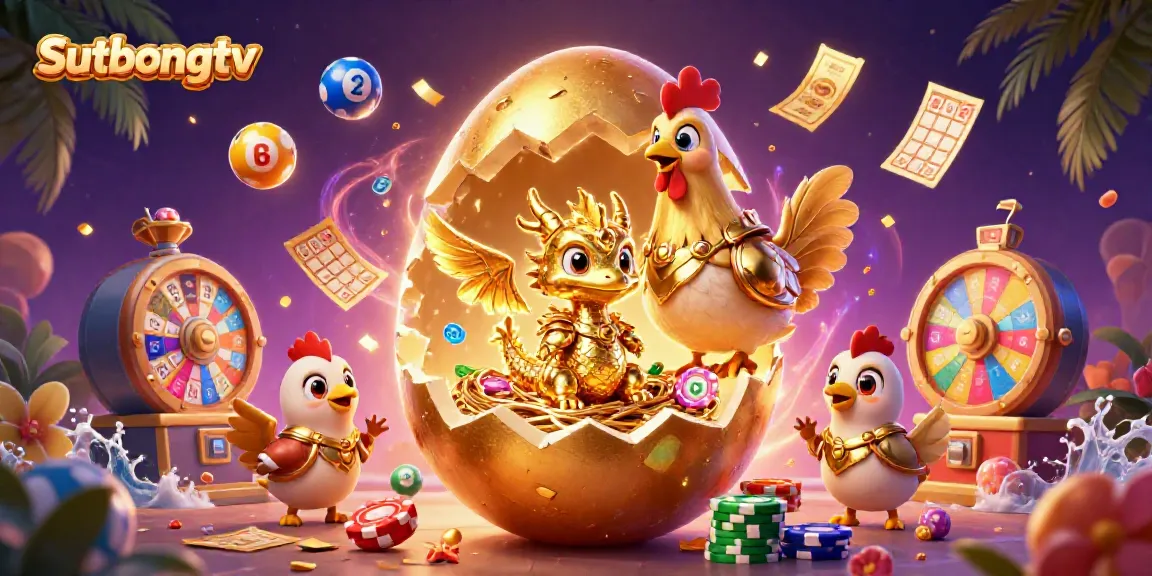 Sutbongtv promotes thrilling gaming excitement with a golden dragon, poker chips, and lottery elements in 3D.