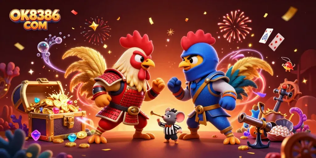 Experience the thrill of cockfighting at OK8386 COM with dynamic 3D characters and vivid game elements.