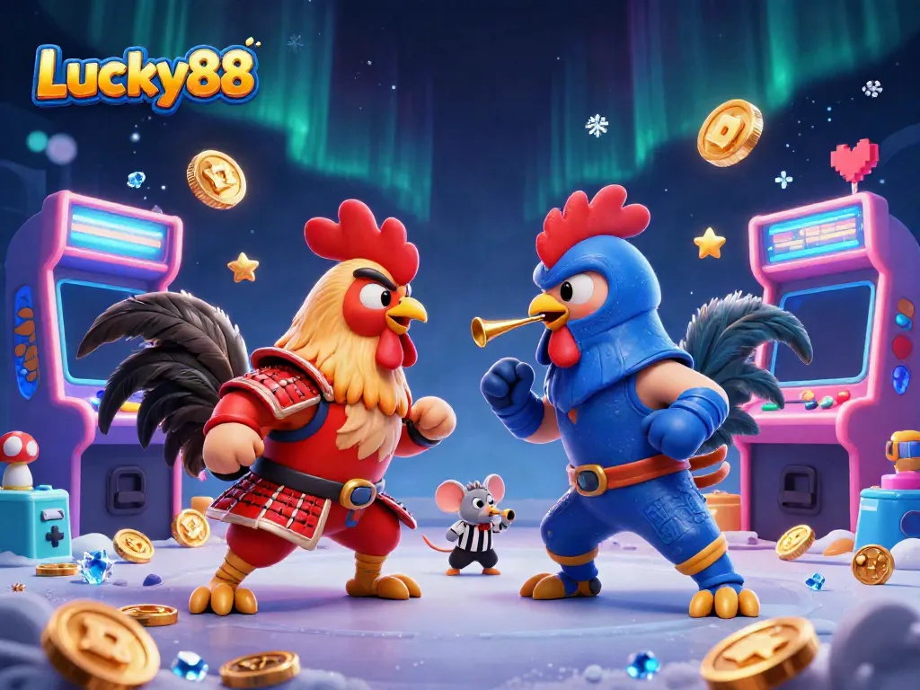 Experience the thrill of Lucky88 with cartoon roosters in a dynamic showdown in this vibrant casino scene.