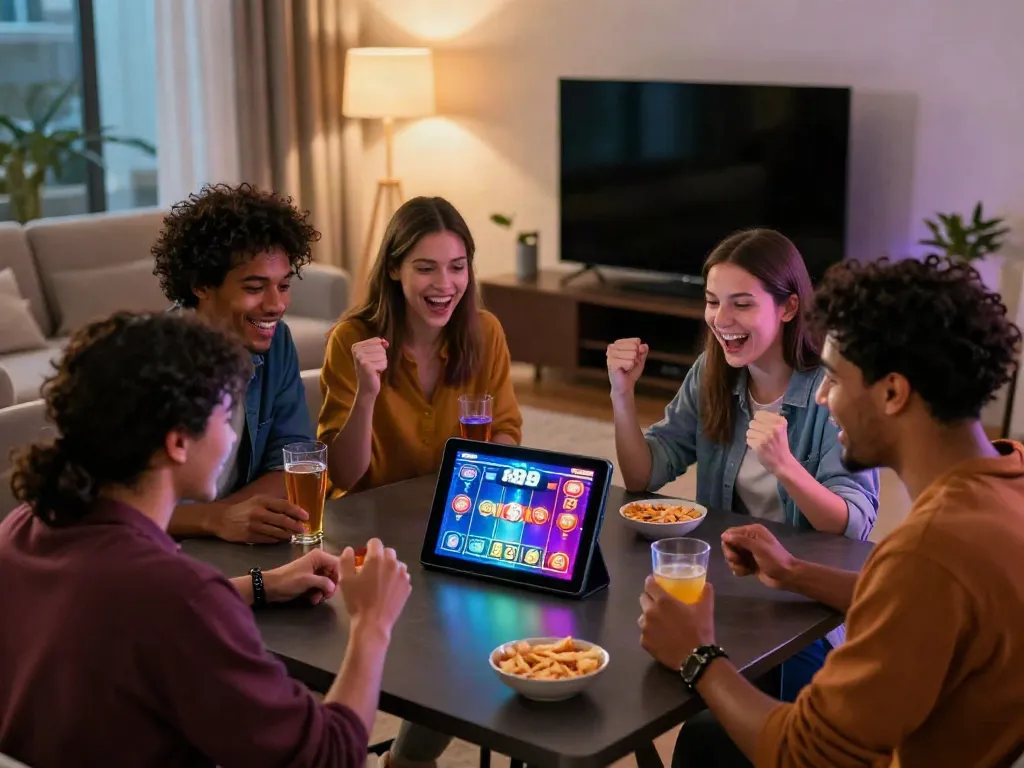 Exciting gaming scene with friends enjoying slot88 on a tablet in a vibrant living room.