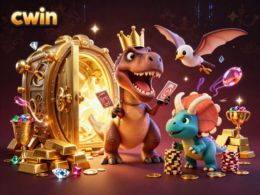 Cwin showcases a vibrant 3D casino scene with dinosaurs playing cards and stacking chips, symbolizing excitement.